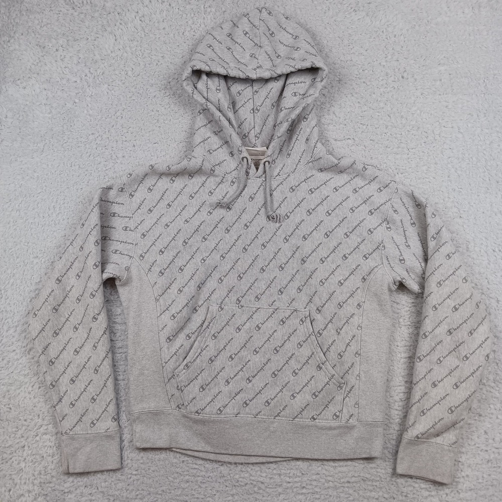 Champion Hoodie Reverse Weave Women M Gray All Over Logo Print WL757P